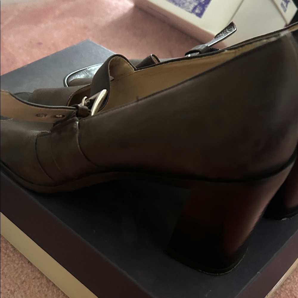 Enzo Angiolini Chocolate Buckle Peep Toe Heels - Picture 4 of 6